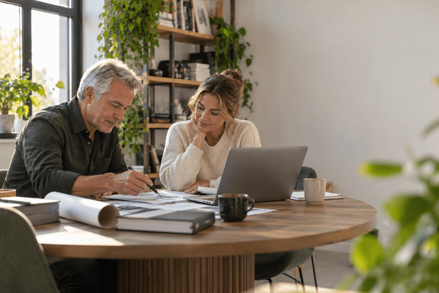 Twee adviseurs bespreken documenten aan een ronde tafel